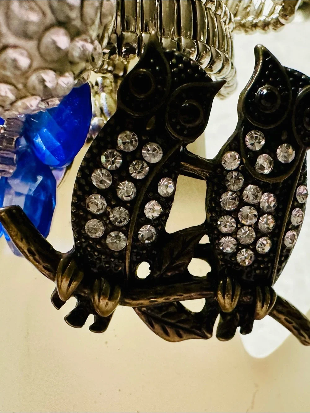 Fun Costume Stretch Rings Blue Flower Owls Rhinestones